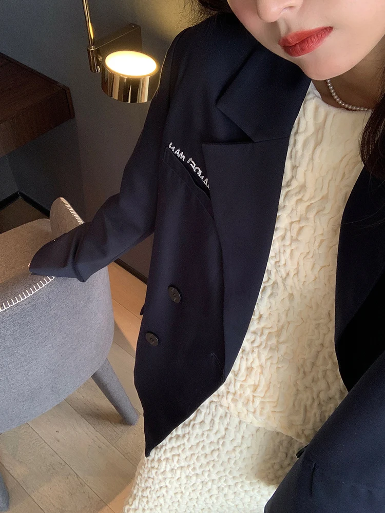 

Черный женский пиджак 2025 года, новинка весенней коллекции, с оригинальным дизайном, повседневный, для офиса, свободного кроя, с длинным рукавом, однотонный