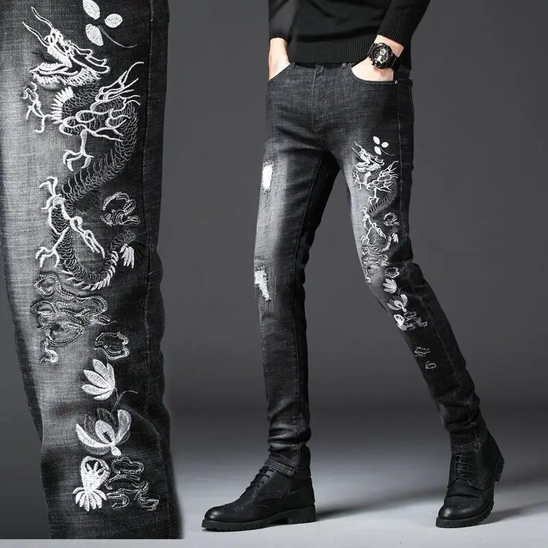 Hoge Kwaliteit Mannen Slim-Fit Stretch Denim Broek, Trendy Borduren Decors Krassen Casual Broek, stijlvolle Sexy Straat Jeans;