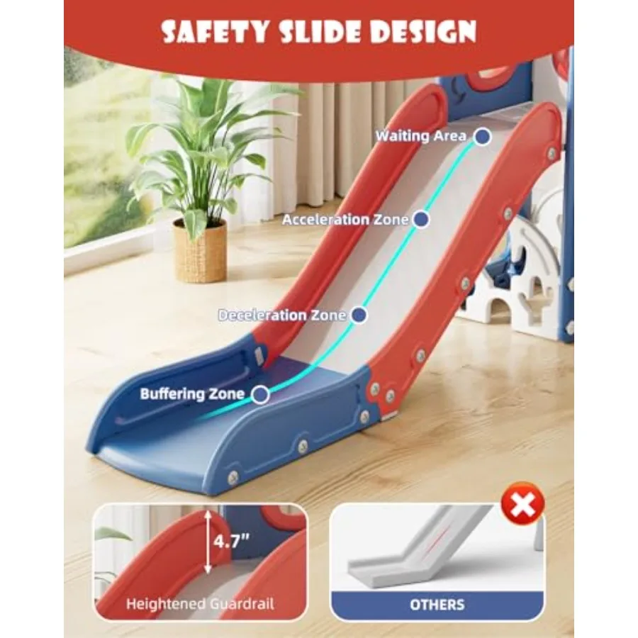 สไลเดอร์ 12 in 1 สำหรับเด็กเล็ก ชุดของเล่นในร่มและกลางแจ้ง พร้อมกระดานวาดภาพ สนามกอล์ฟ ที่ปีนป่าย ห่วงบาสเก็ตบอล และพื้นที่เก็บของ สีน้ำเงินแดง