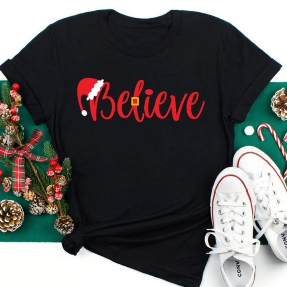 크리스마스 믿으세요 셔츠 크리스마스 믿으세요 셔츠 크리스마스 파티 셔츠 캐주얼 창의력 반팔 코튼 유니섹스 스트리트웨어
