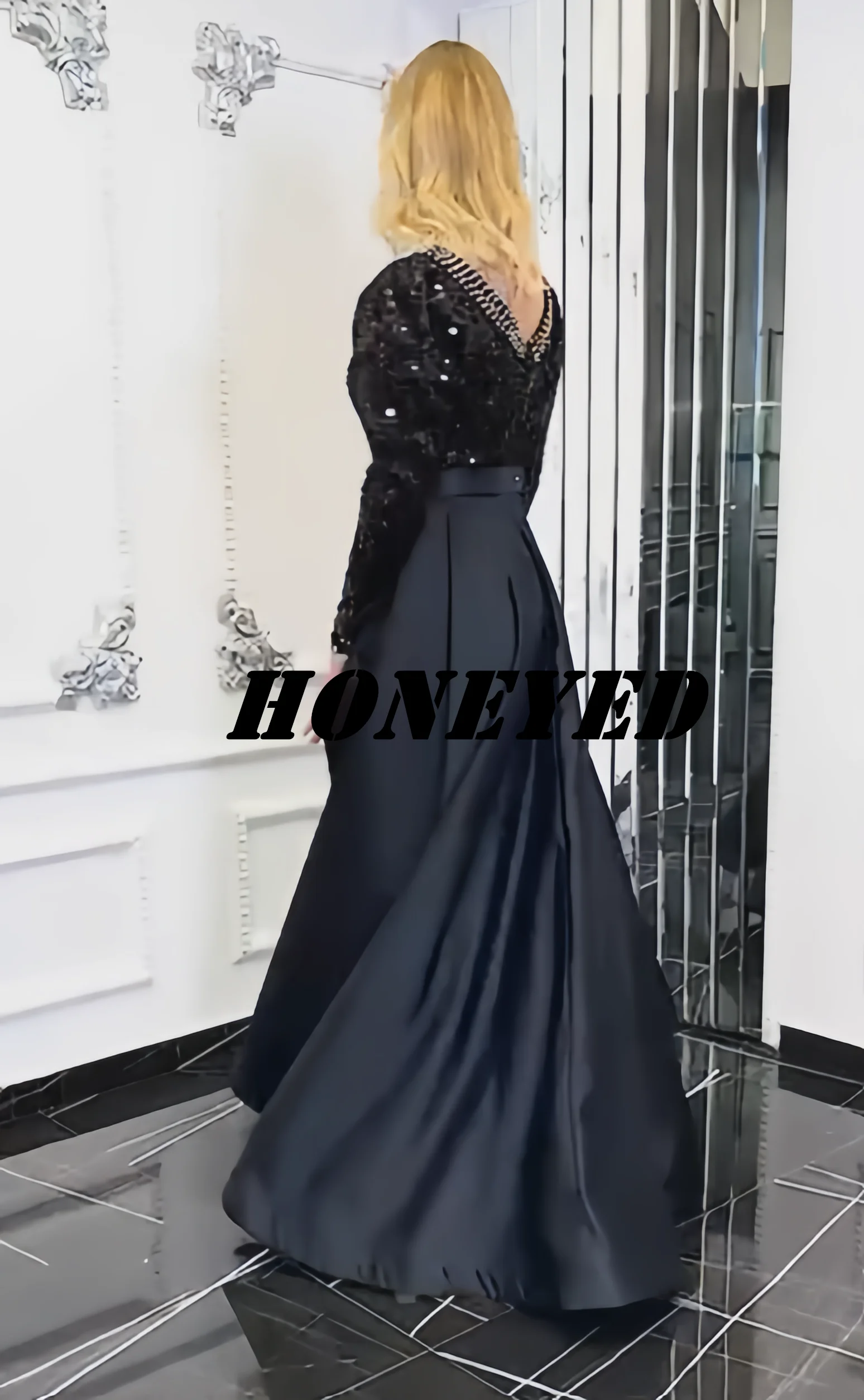 Honeyed-vestido de noche negro de satén exquisito, manga larga y borlas en el tobillo, lentejuelas, cuello redondo, tirantes de hombro regulares, nuevo 2023