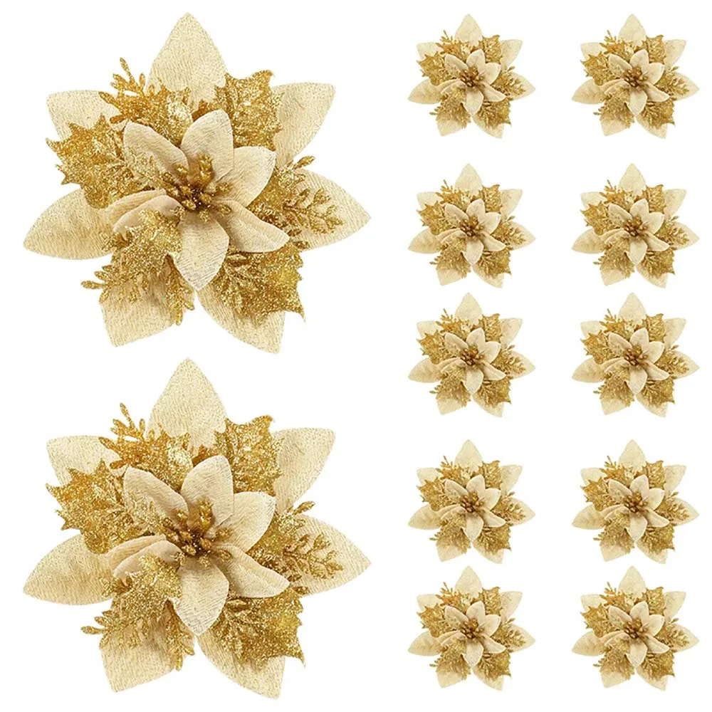 5/10 Stück 14,5 cm Weihnachtsblumen-Ornamente, rosa, rot, gold, glitzernde künstliche Blumen für Weihnachtsbaum, Weihnachtsdekoration für Zuhause – Detail 6