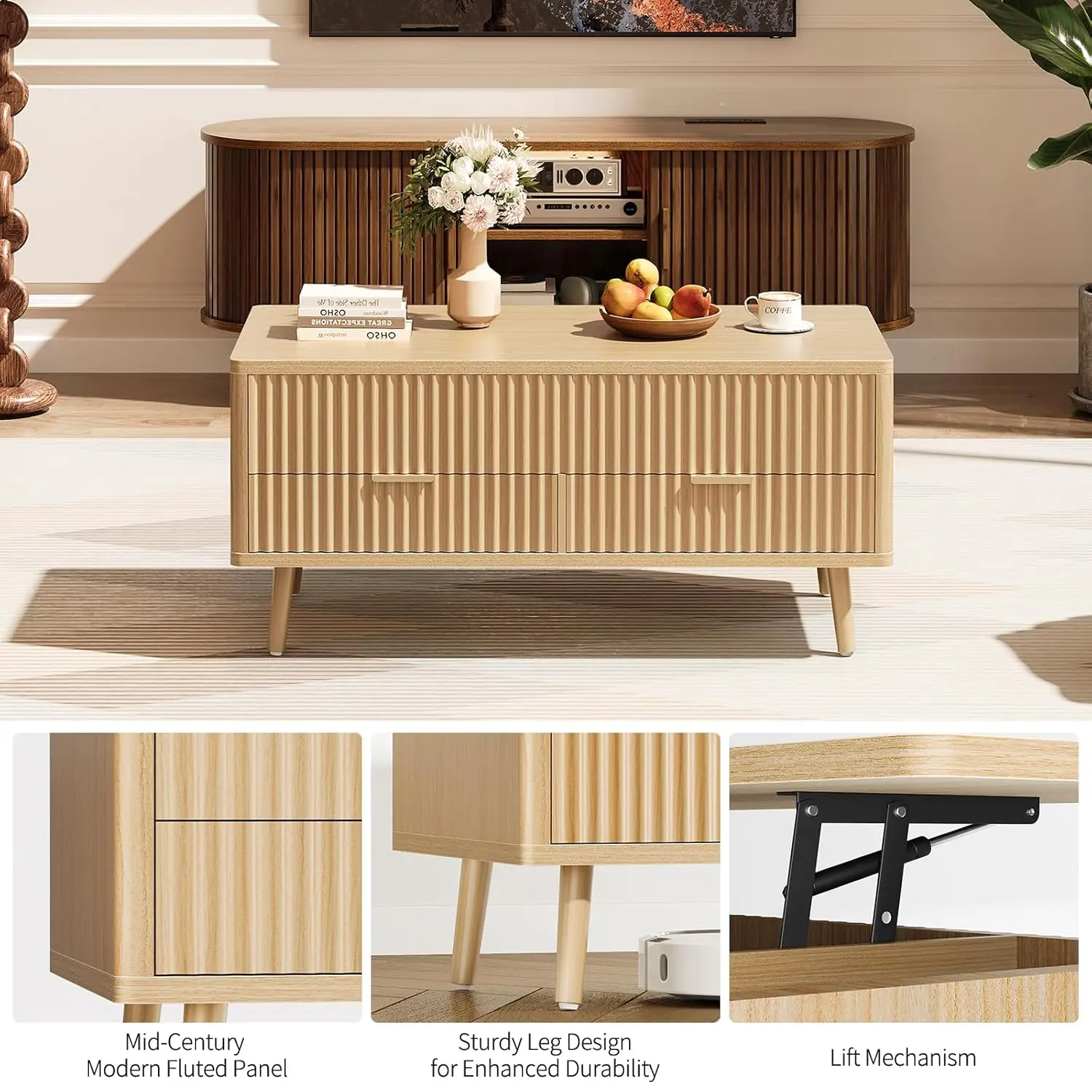 Fluted Lift Top Coffee Table- Wood Coffee Tables with Storage for Living Room, Mid Century Modern Square Large Center Table with