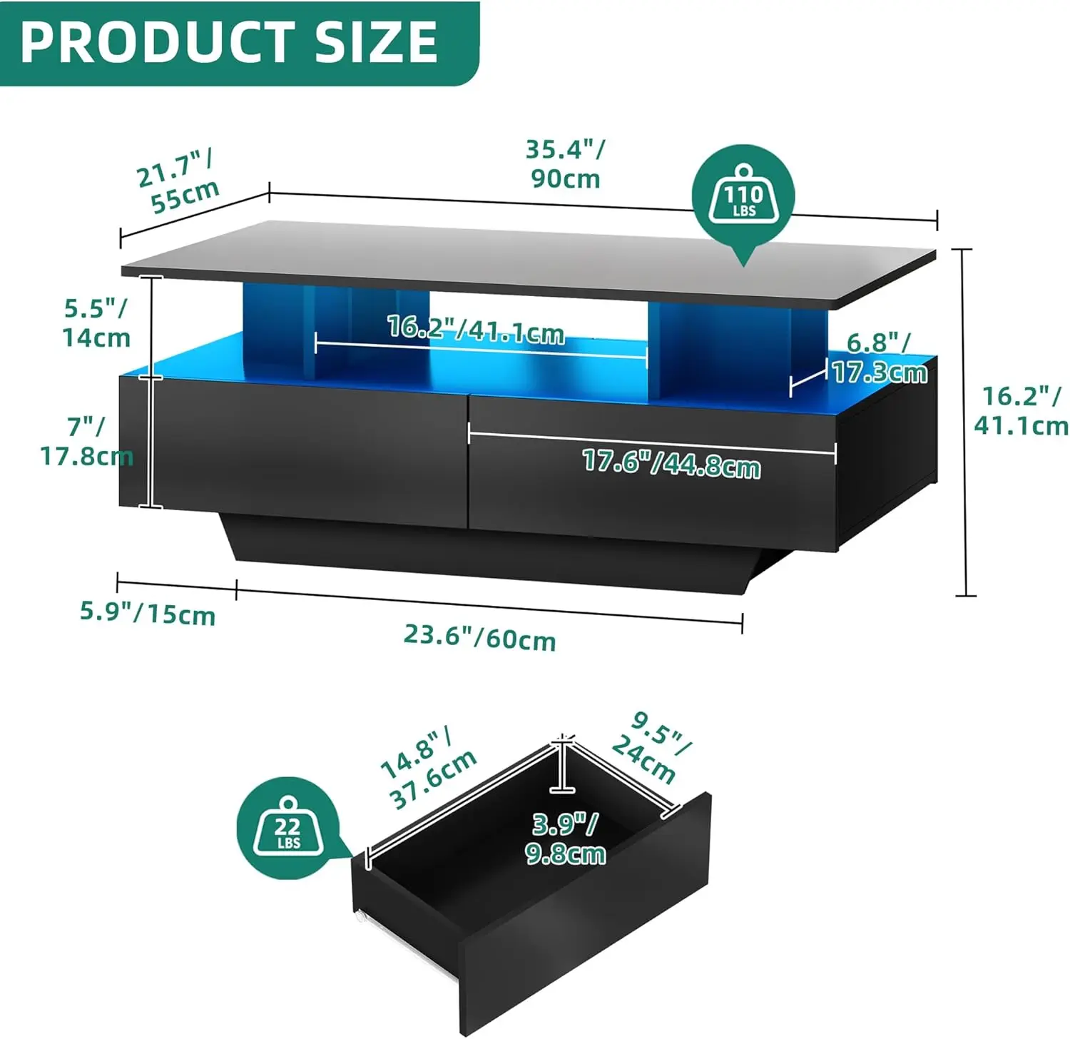 LED Coffee Table with Storage, High Glossy LED Coffee Tables for Living Room, Small Center Table with Open Display Shelf & Slidi