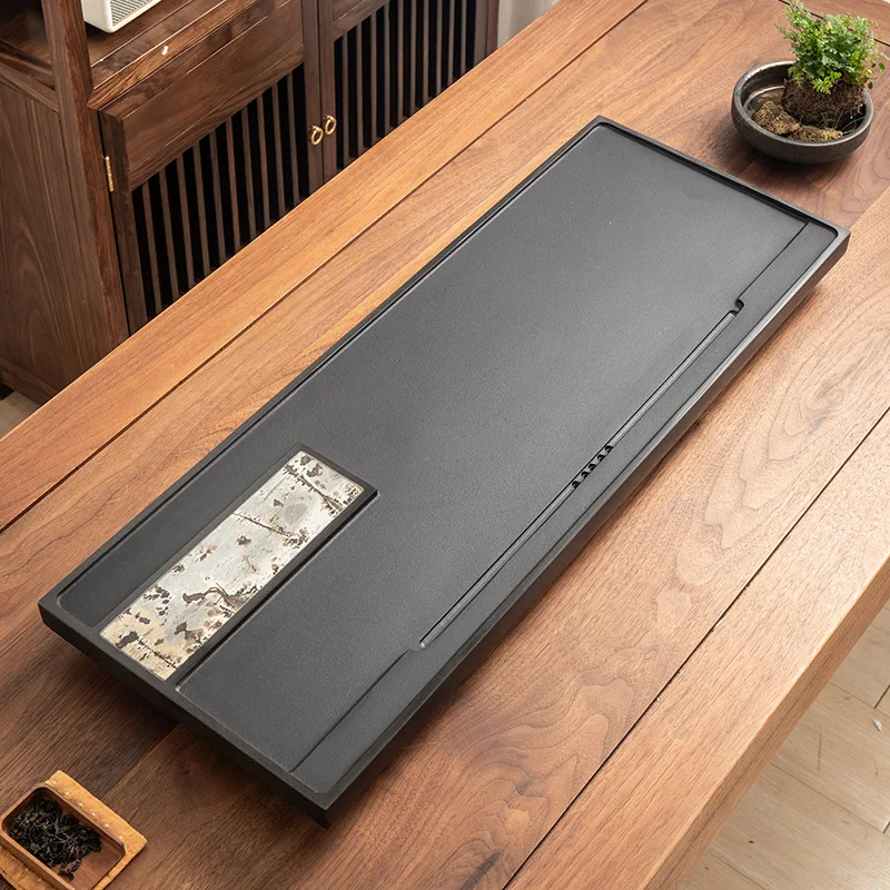 Natural Black Stone Tea Tray with Drainage, Inlaid Chinese Picture Stone, Office Desk Simple Cup Holder for Tea Ceremony