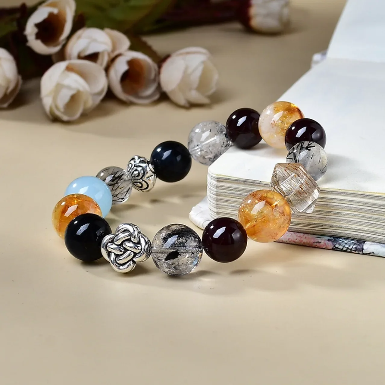 

Natural Aquamarine, Black Hair Crystal, Yellow Tower Crystal, Multi-treasure Crystal Bracelet, Women's Fashion Bracelet, Gift