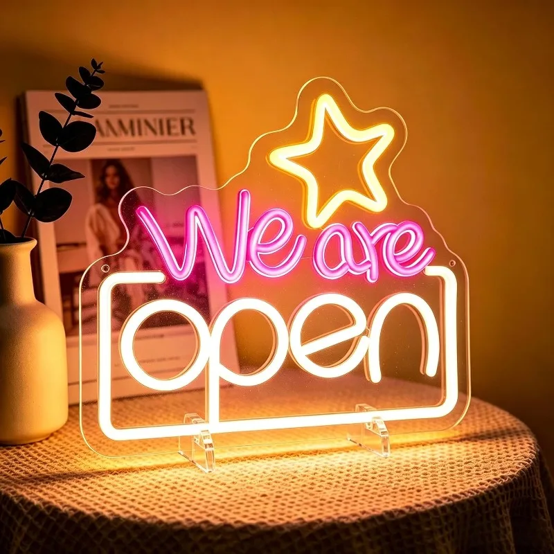 Panneau néon « Nous sommes ouverts », néon mural LED avec motif étoile, néon alimenté par USB, décoration murale pour café, salon, boutique, magasin, fête