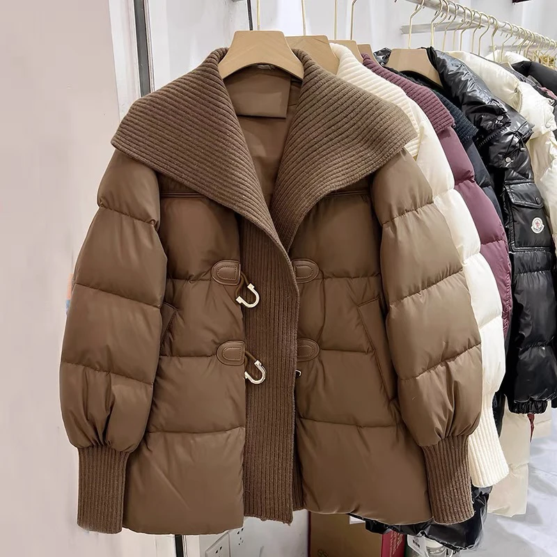 Winter Thick Mid Long Cow Horn Buckle Jacket Women Fashion White Duck Down Parka Outwear Female Large Lapel Loose Down Jacket