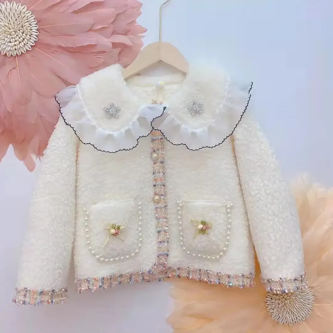 

Girls Coat 2023 New Winter Little Fragrant Fluffy Coat Princess Loose Fashion Style Casual Childrens Simple All-match Girls Top