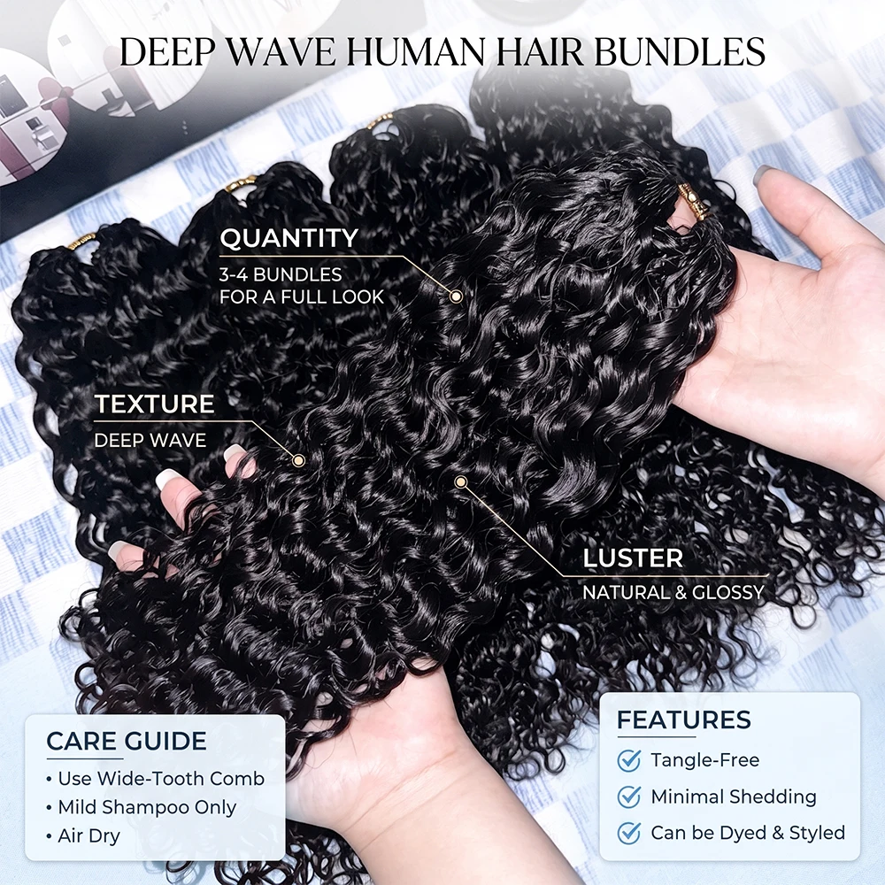 18 20 22 24 Inch 300g 5 Pack 100% Human Hair Deep Wave Feather Crochet Hair Invisible Pre Separated Crochet Extensions Natural Black for Black Women