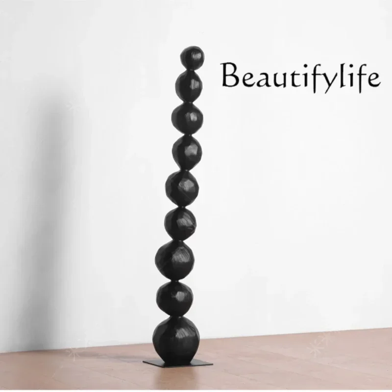 Carbonized Wood Ball Sculpture Art Floor Ornaments Living Room Entrance Vertical Height Wood Carving Decoration