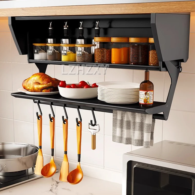 Kitchen Pull-down Folding Condiment Storage Shelf Space Aluminum Wall Hanging Condiment Rack Under The Cabinet Large-capacity