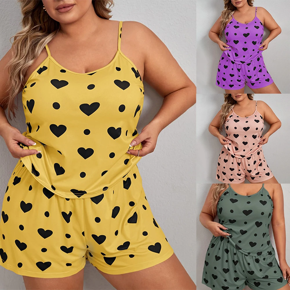 New Plus Size Sleepwear Set Women's Sexy Thin Summer Pajamas Suit Heart Shaped Printing Leisure Loose Comfortable Homewear