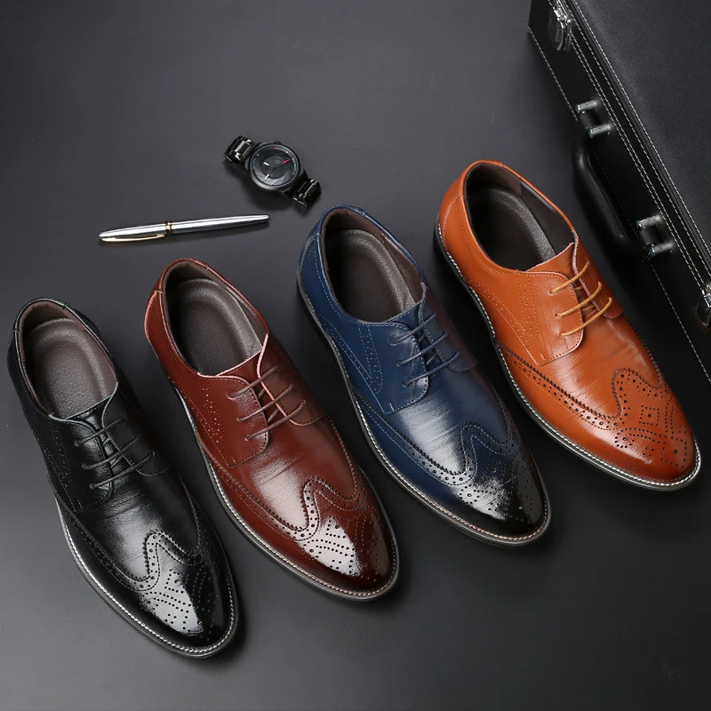 

MenS Brogue Wingtip Formal Leather Shoes Lace Up Business Oxfords Multiple Colors Groom Wedding Footwear Leisure Simple Fashion