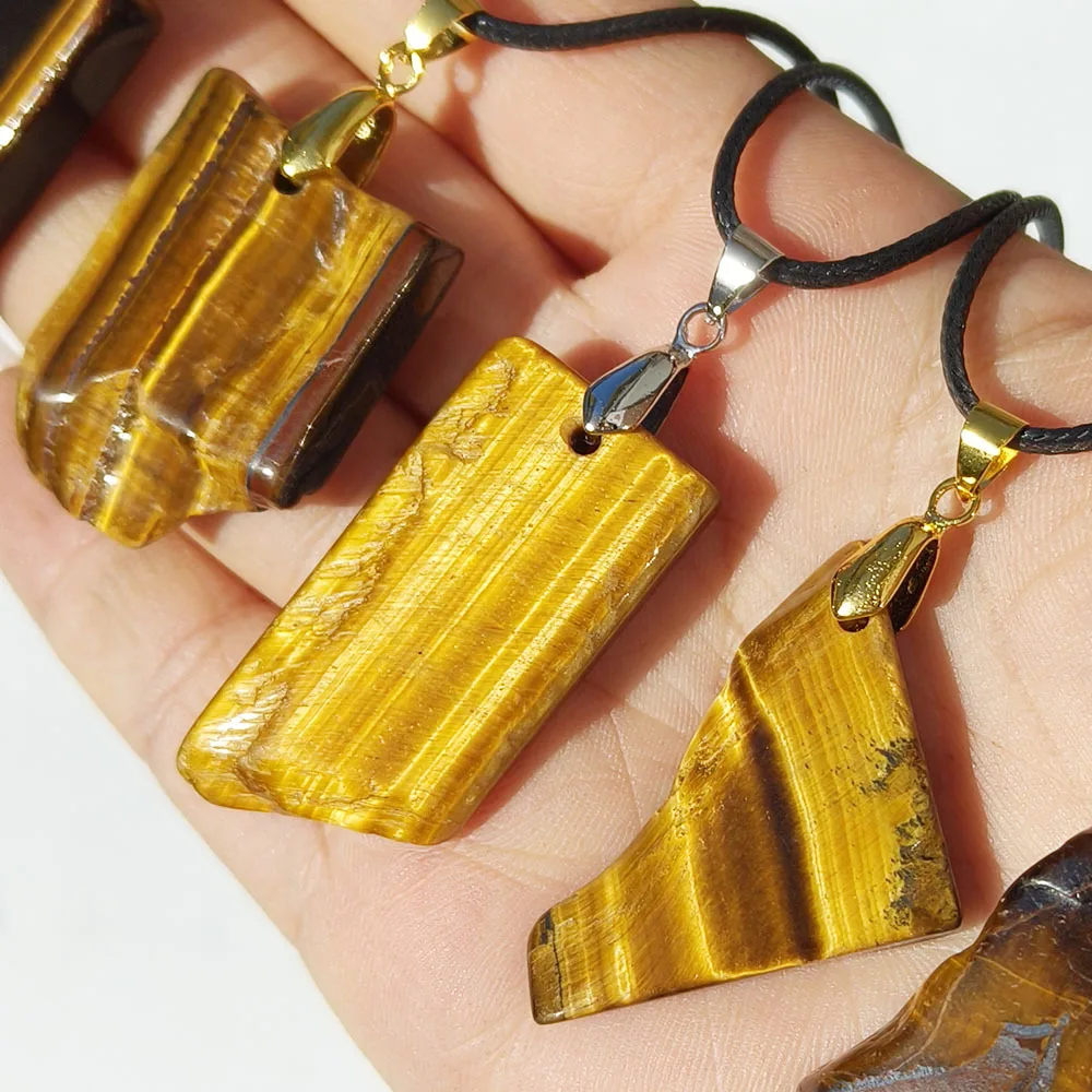 Natural Stone Yellow Tiger's Eye Stone Slice-shaped Pendant Polished Irregular Tiger's Eye Necklace