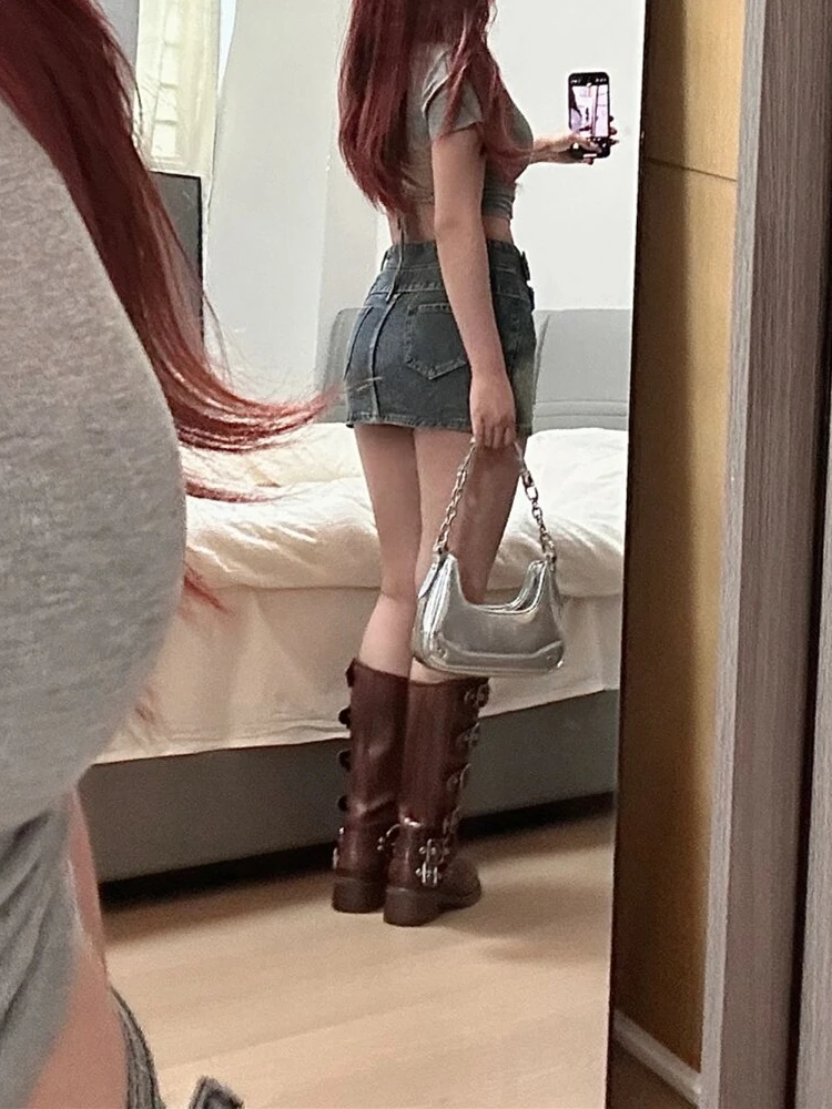 

High Waist Denim Skirt Pants Women plus Size Slimming Design Anti-Light Wrap around ort Skirts Spring Autumn New Sle