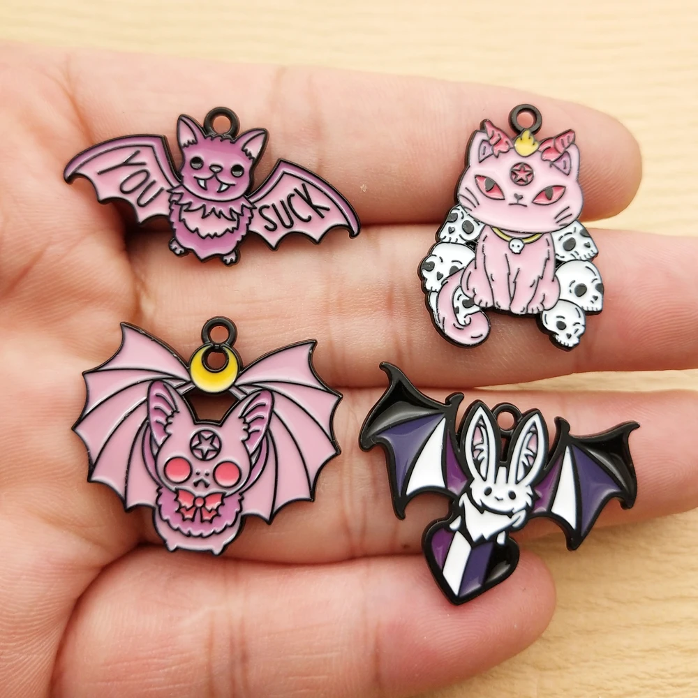 10pcs Skull Bat Charm Jewelry Accessories Enamel Necklace Earring Pendant Diy Making Craft Supplies Alloy Metal Black Plated
