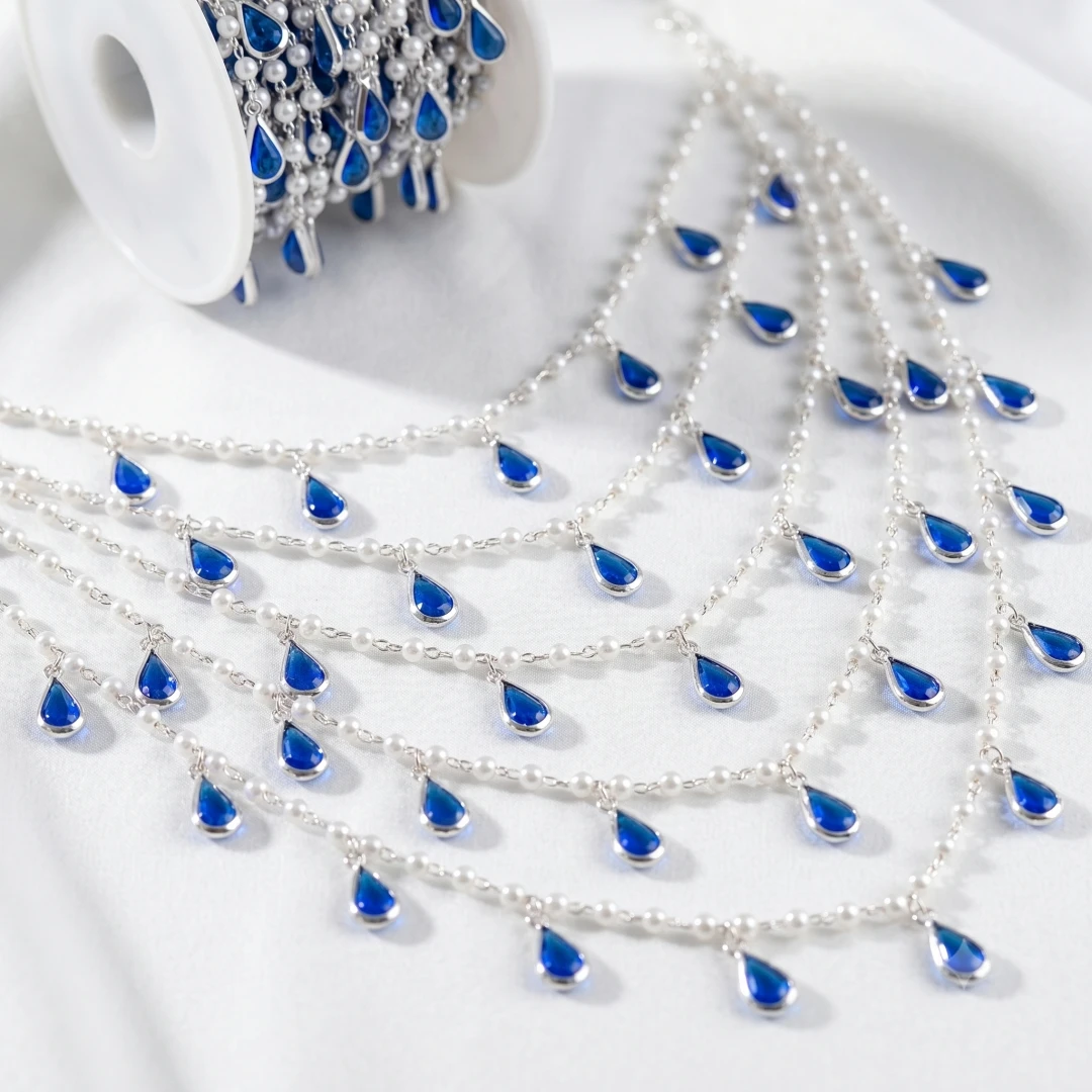 1 Meter tropfenförmige Zirkon-Kristallkette in Blau für DIY-Armbänder, Halsketten, Kleidungszubehör, Haarkronenketten, Materialien – Detail 5