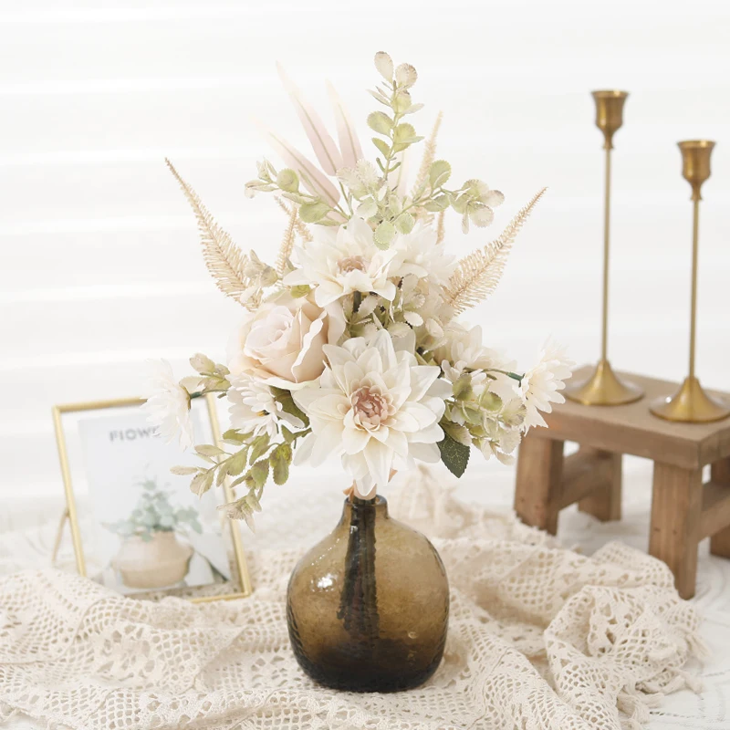 داليا روز ديزي زهور الخريف المزيفة زهرة اصطناعية الحرير المنزل عيد الميلاد عيد الحب باقة ديكور الزفاف العروس ديكور #2