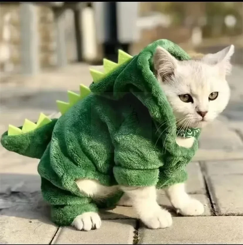 Roupas de Halloween para Cães e Gatos, Fantasia Engraçada de Dinossauro para Cães Pequenos, Casaco Quente de Inverno para Gatos, Suéter com Capuz de Fleece