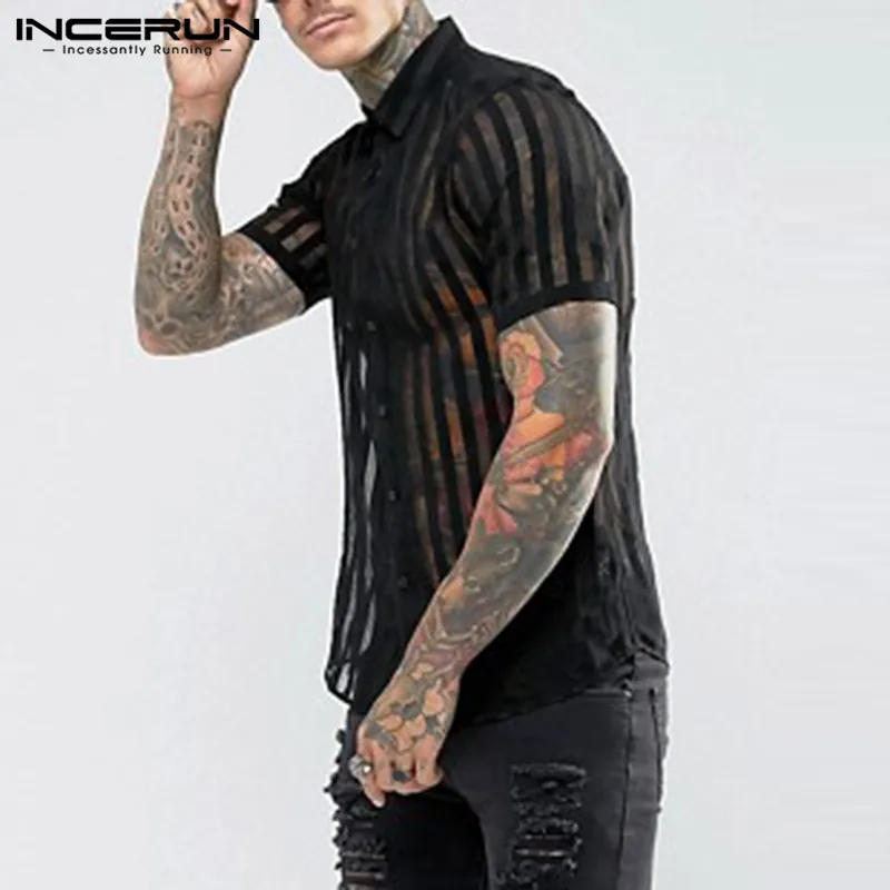 2024 Men Striped Shirt Lapel Short Sleeve Transparent Sexy Camias Streetwear Fashion Party Nightclub Shirt Men S-5XL INCERUN