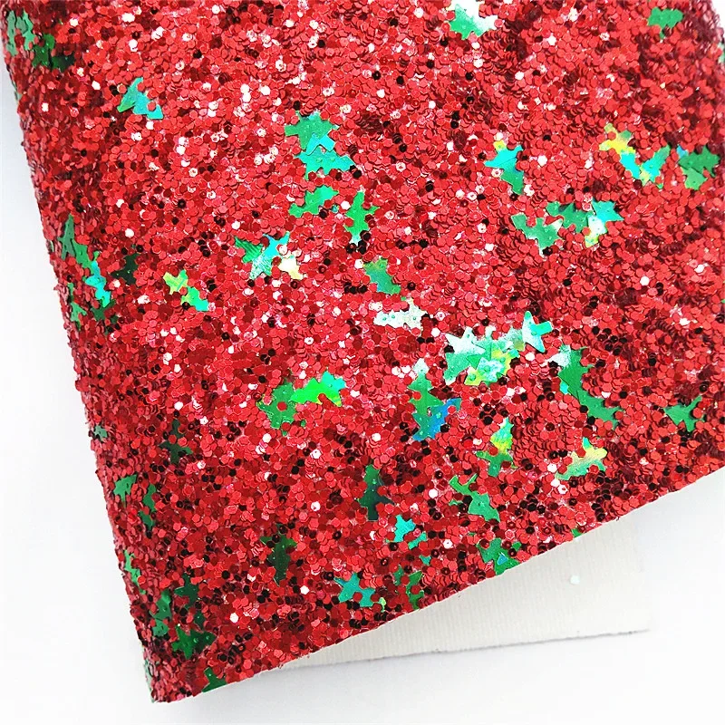 Red Glitter with Green Christmas Tree HO Stripes Printed Crushed Velvet Fabric Red Suede Faux Leather For Bow DIY 21x29CM Q1517