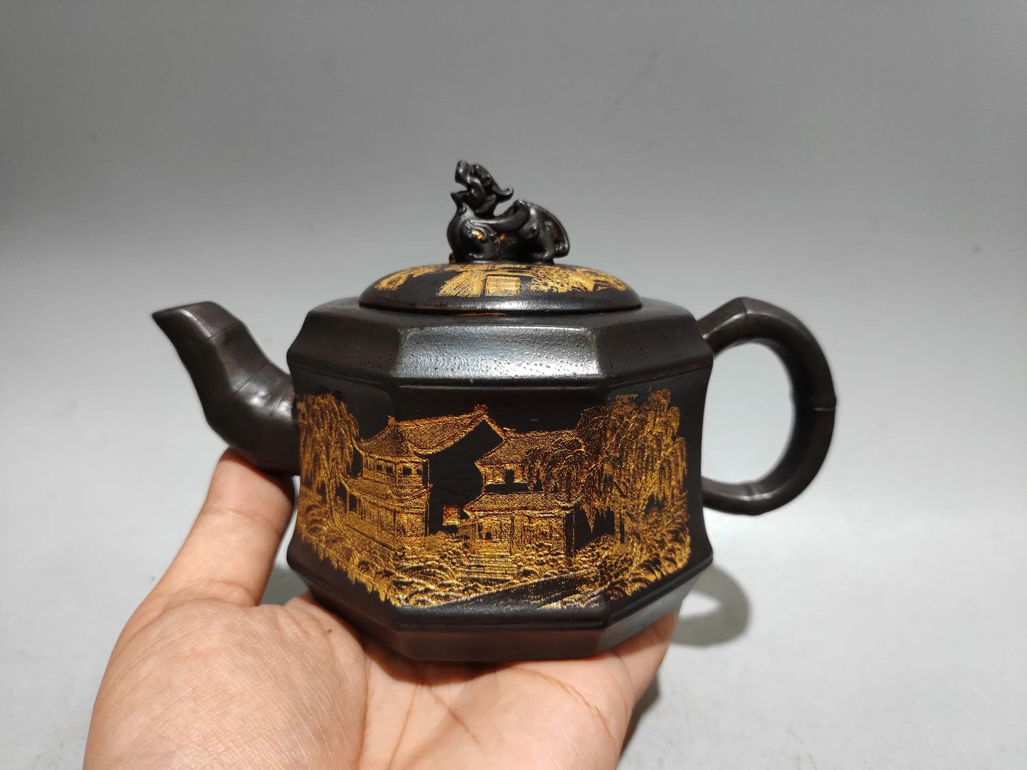 Old Chinese Handicraft Enameled YiXing Zisha (red stoneware) Teapot,scenery,#02,with mark, Free shipping