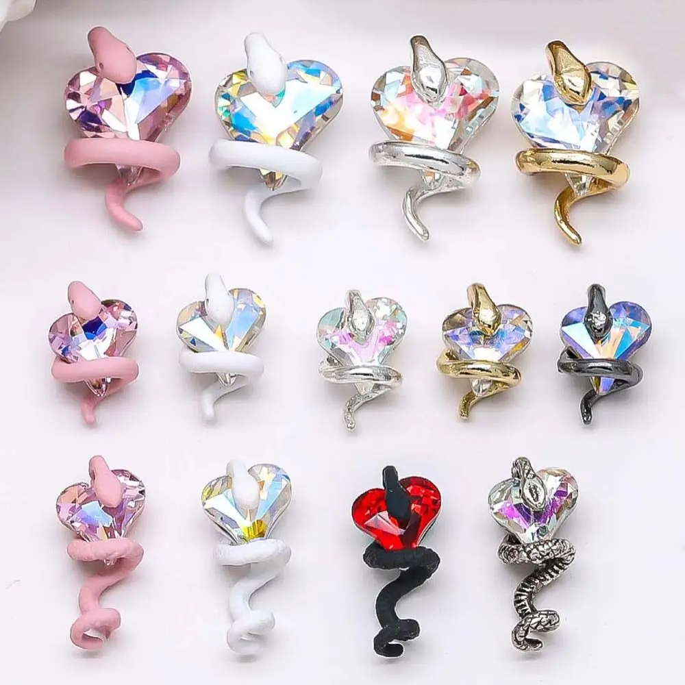 5Pcs Creative Heart Snake Nail Art Decorations Snake Twisting Heart Diamond Nail Parts Cute DIY Nail Charms Manicure Accessories