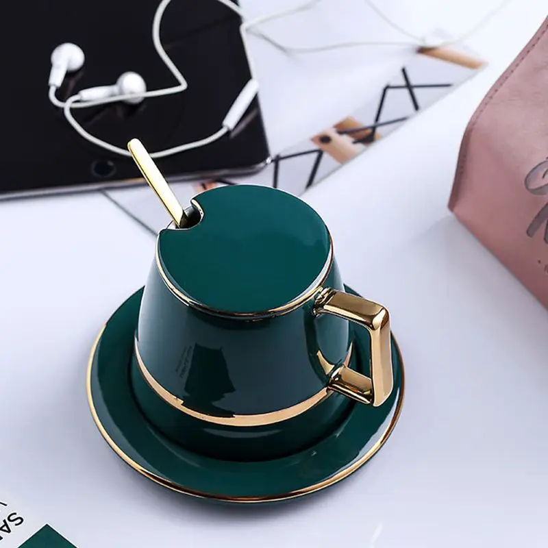 Gold Trim Green Porcelain Coffee Cups with Saucer, Lid, Mixing Spoon, for Drinks, Latte, Cafe Mocha Cappuccino and Tea - 450ml