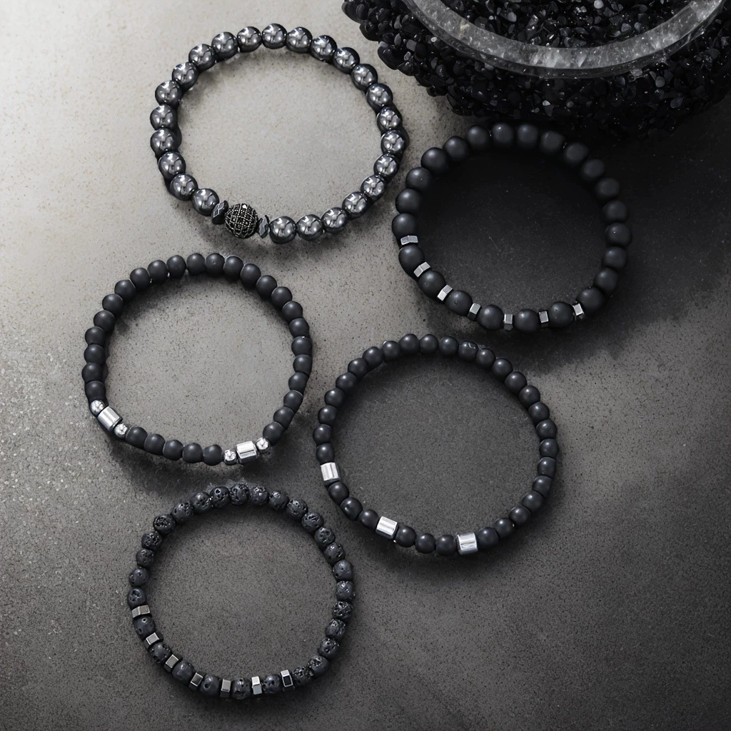 5 قطعة سوار الخرز الأسود مجموعة للرجال مكعب الزركون الكرة سحر الطبيعية ماتي الحمم البركانية حجر مطرز سلسلة الإسورة الذكور مجوهرات بسيطة #3