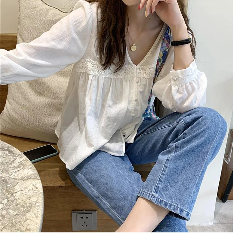 MEXZT Vintage Sweet Lace Shirts Women Korean Cute V Neck Long Sleeve Loose Blouses Summer Streetwear Boho Beach Casual Tops New