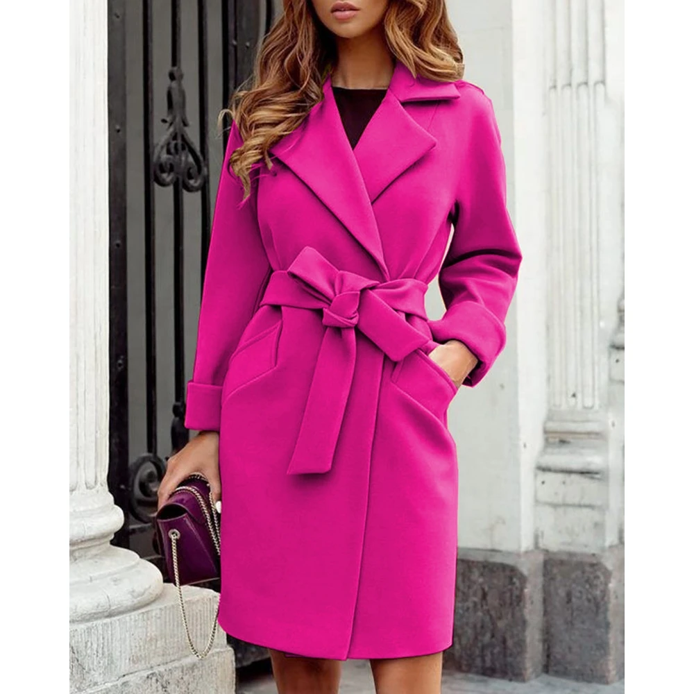 Winter Fashion Women Open Front Coat With Belt Casual Femme Solid Color Turn-down Collar Long Sleeve Peacoat Outwear traf