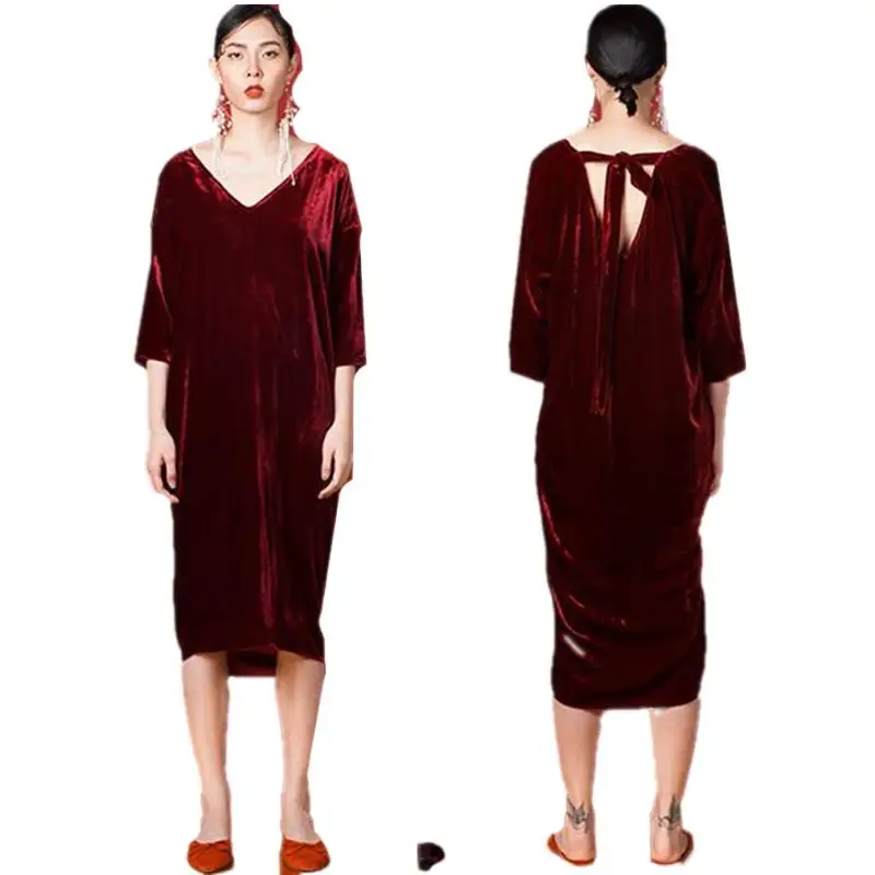 2024 Spring NEW women sexy deep V-neck three quarter sleeve velvet dress,   velour dress Elegant Party Dress