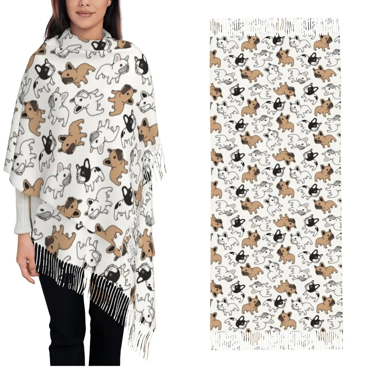 Womens Scarf with Tassel Dog French Bulldog Puppy Cartoon Long Winter Warm Shawl Wrap Gifts Cashmere Scarf