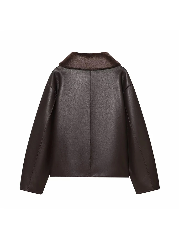 Dames omkeerbaar kunstleer revers single-breasted zakdecoratie jas vrouwelijke mode slanke lange mouwen losse warme jas