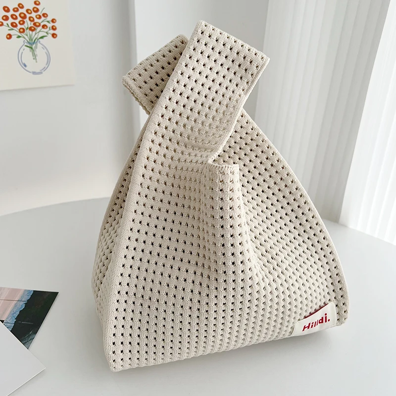 Bolso de mano de punto hueco para mujer, bolsa de almacenamiento portátil, bolso de compras de color sólido, bolso de cintura multifuncional,