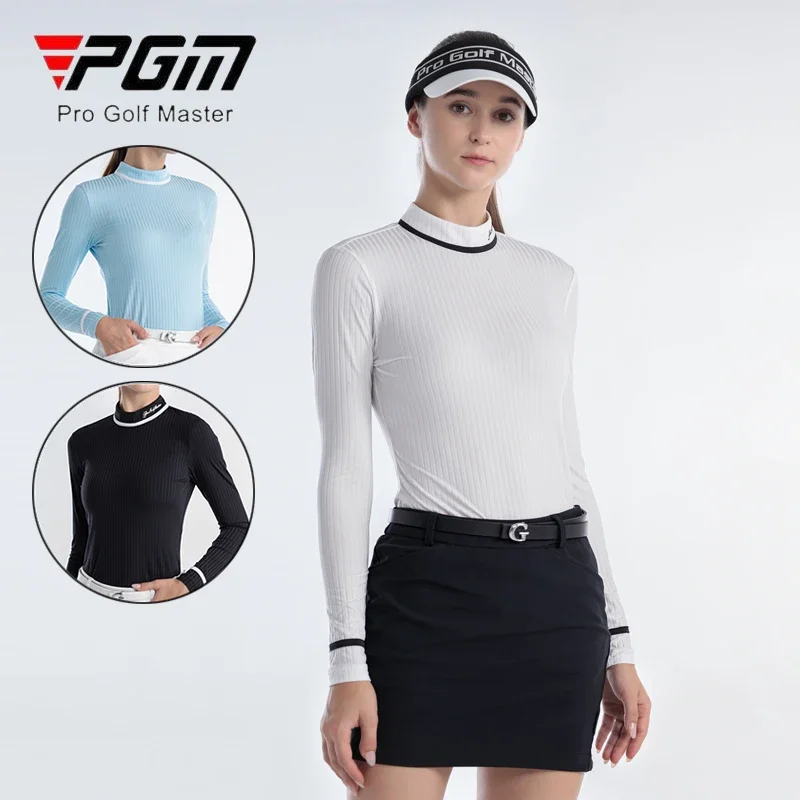 PGM Ladies Stripe High Elastic Golf Shirt Women Slim Back Zipper Leisure Tops Ladies Anti-sweat Stand Collar T-shirt Sport Shirt