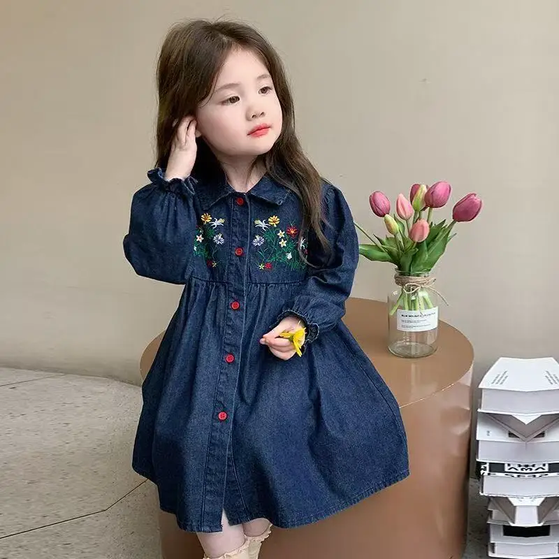 

Kids Girls Embroidered Denim Dress Spring Autumn New Foreign Girls Baby Children Spring Princess Skirt Tide 90-140cm