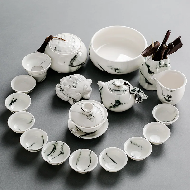 Kung Fu Tea Set Household Tea Pot Ink White Porcelain Blue and White Porcelain Tea Cup Ceramic