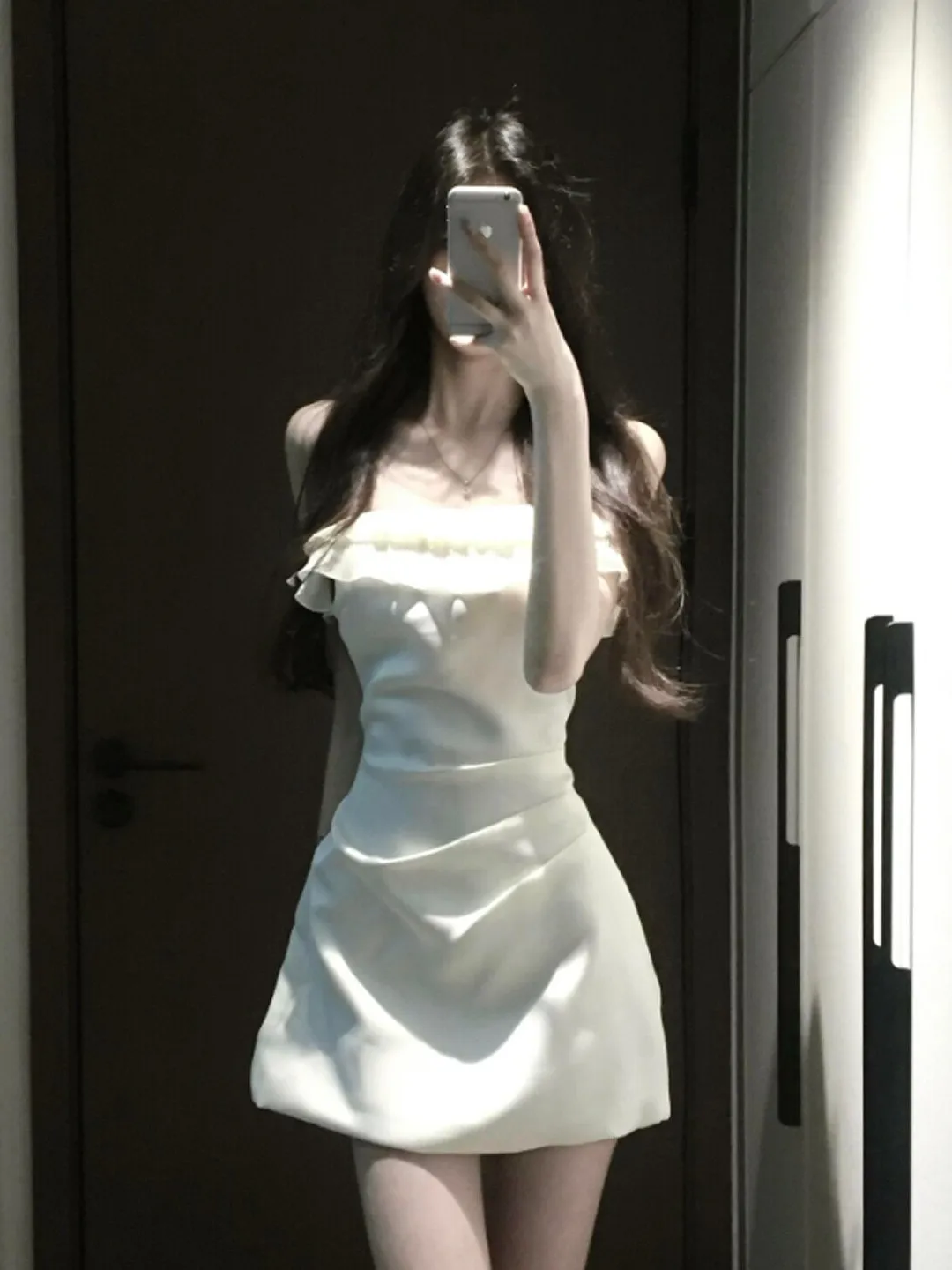 

Korean Gentle Style One Shoulder Waist Cinched Strap Dress Unique Design Summer Cotton High Waist Midi Skirt Soft Fabric