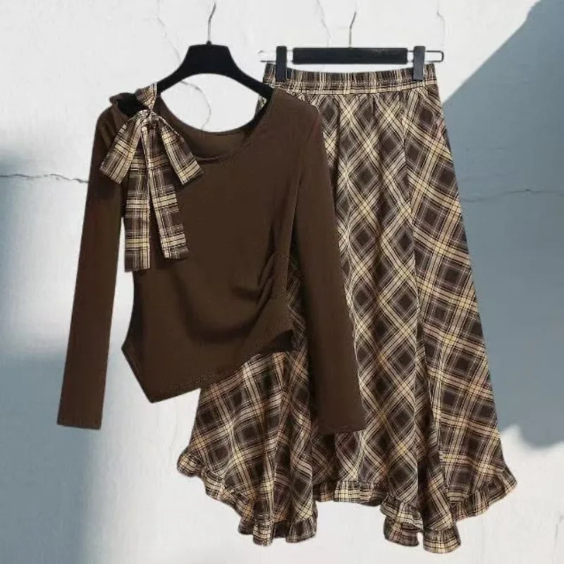 Women 2 Piece Sets Bow Long Sleeve Bow Tshirts A-line High Waist Ruffles Plaid Long Skirt Suit Summer Irregular Vintage Outfits