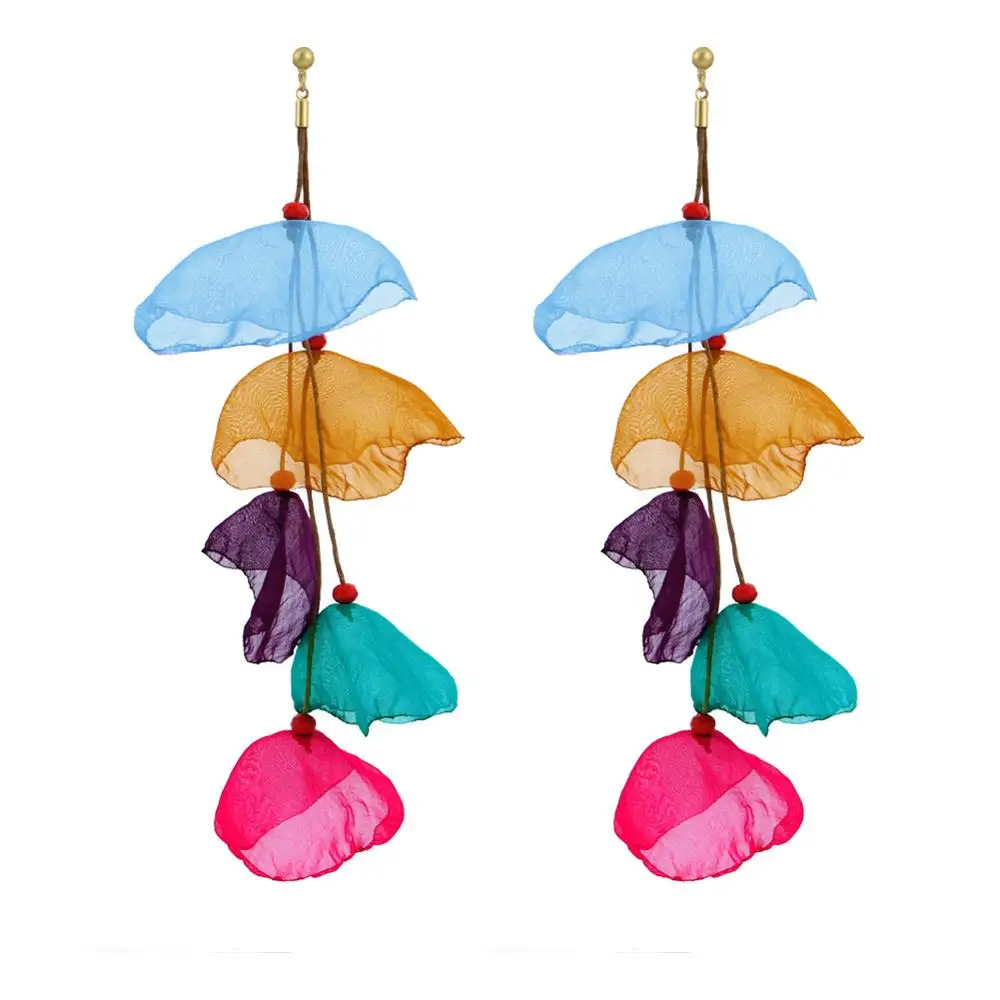 Badu Long Yarn Flower Earrings Bohemian Handmade Big Tassel Jewelry Colorful Drop Earring for Women Fashion Fabric Fringe Dangle