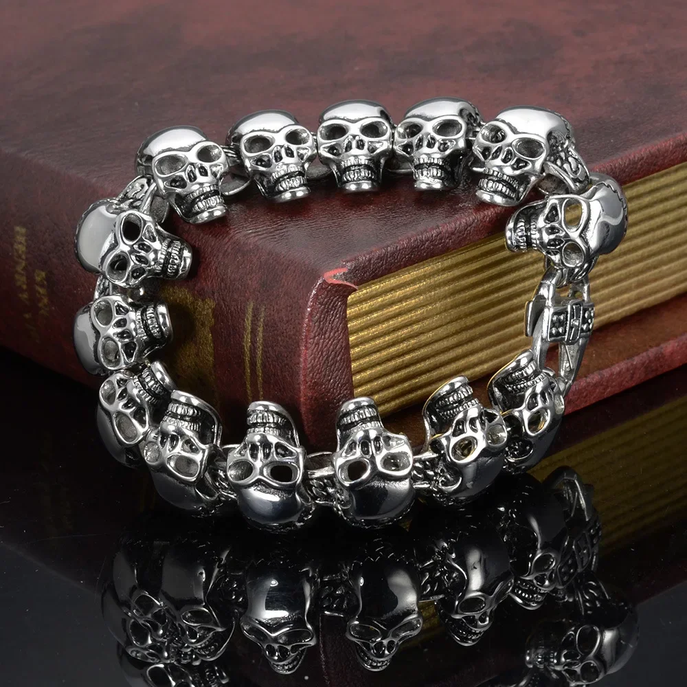 Steampunk Rock Skull Bracelets for Men In Titanium Stainless Steel Skeleton Mens Bracelet Man Bikers Jewelry Boys Birthday Gift