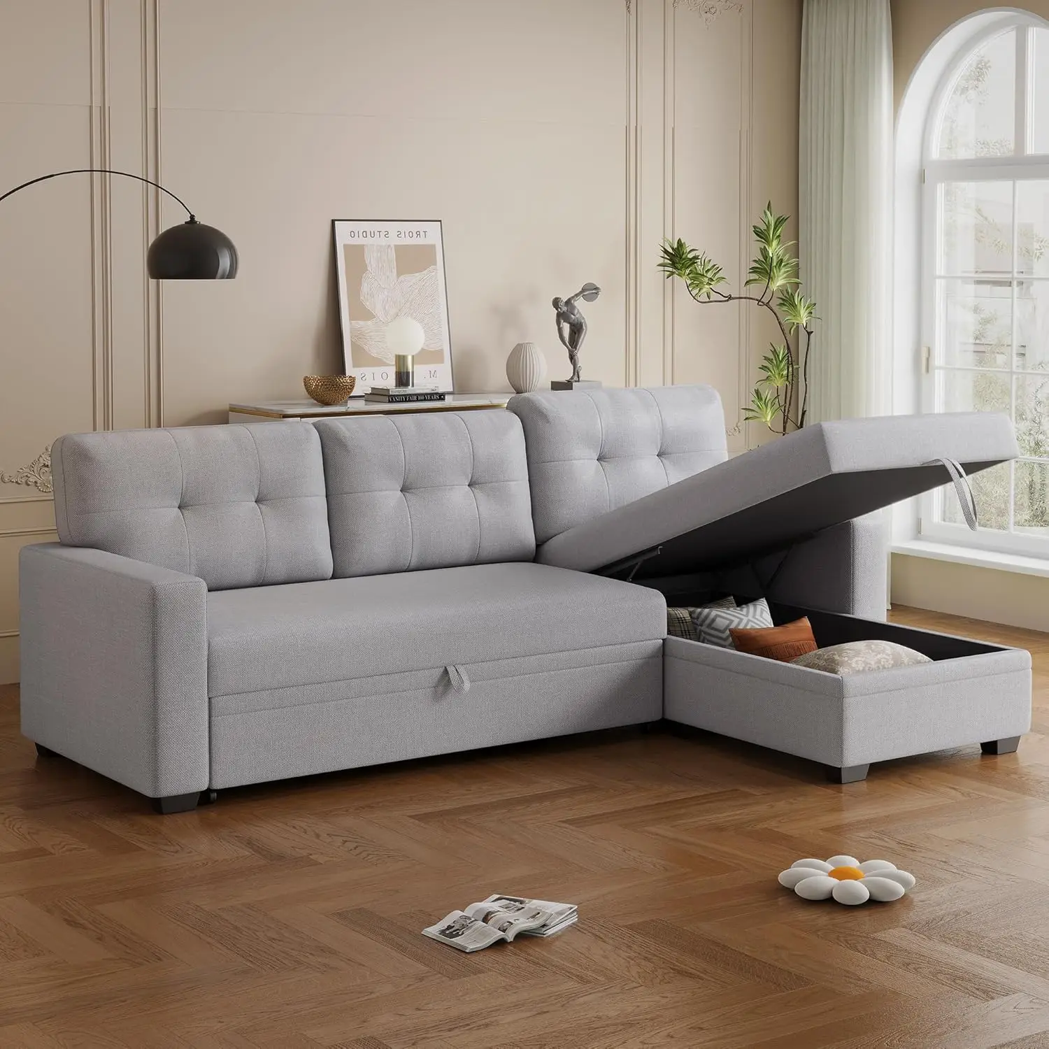 

Couch L-Shape Convertible Sectional Sofa Twin Size Sleeper with Storage Chaise and Pull Out Bed for Home Living Room Apartment