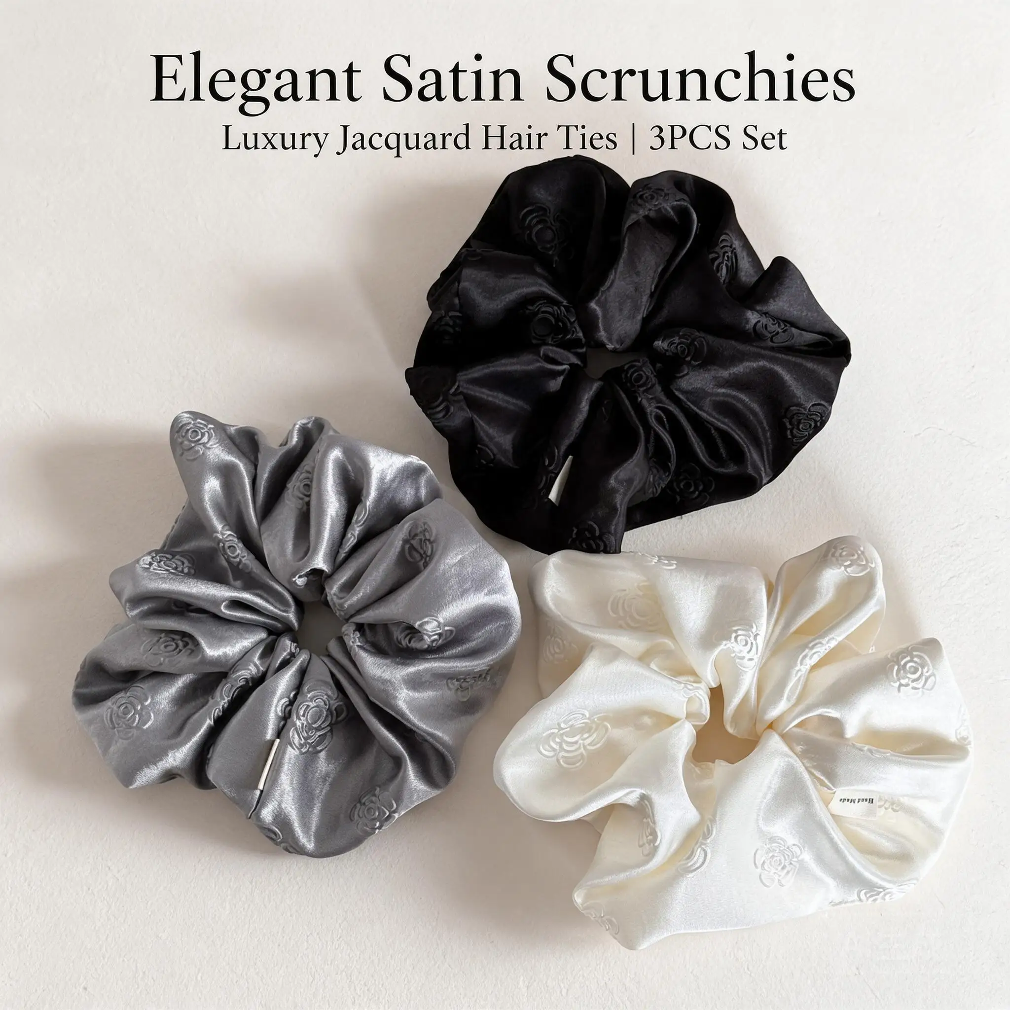 Elegant Chinese Camellia Embossed Satin Scrunchies Oversized 12cm Silky Soft Hair Ties For Ladies Black Gray White Daily Wear