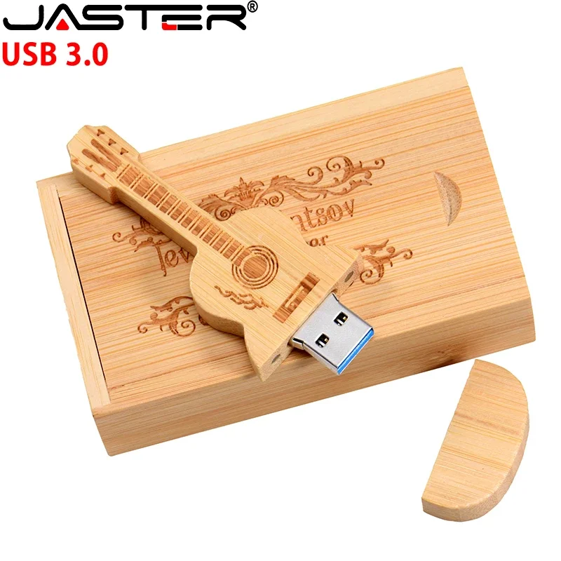 JASTER Wooden Guitar USB 3.0 Flash Drives 128GB Free Custom Logo Pen Drive 64GB with Box Memory Stick Music Creative Gift U disk