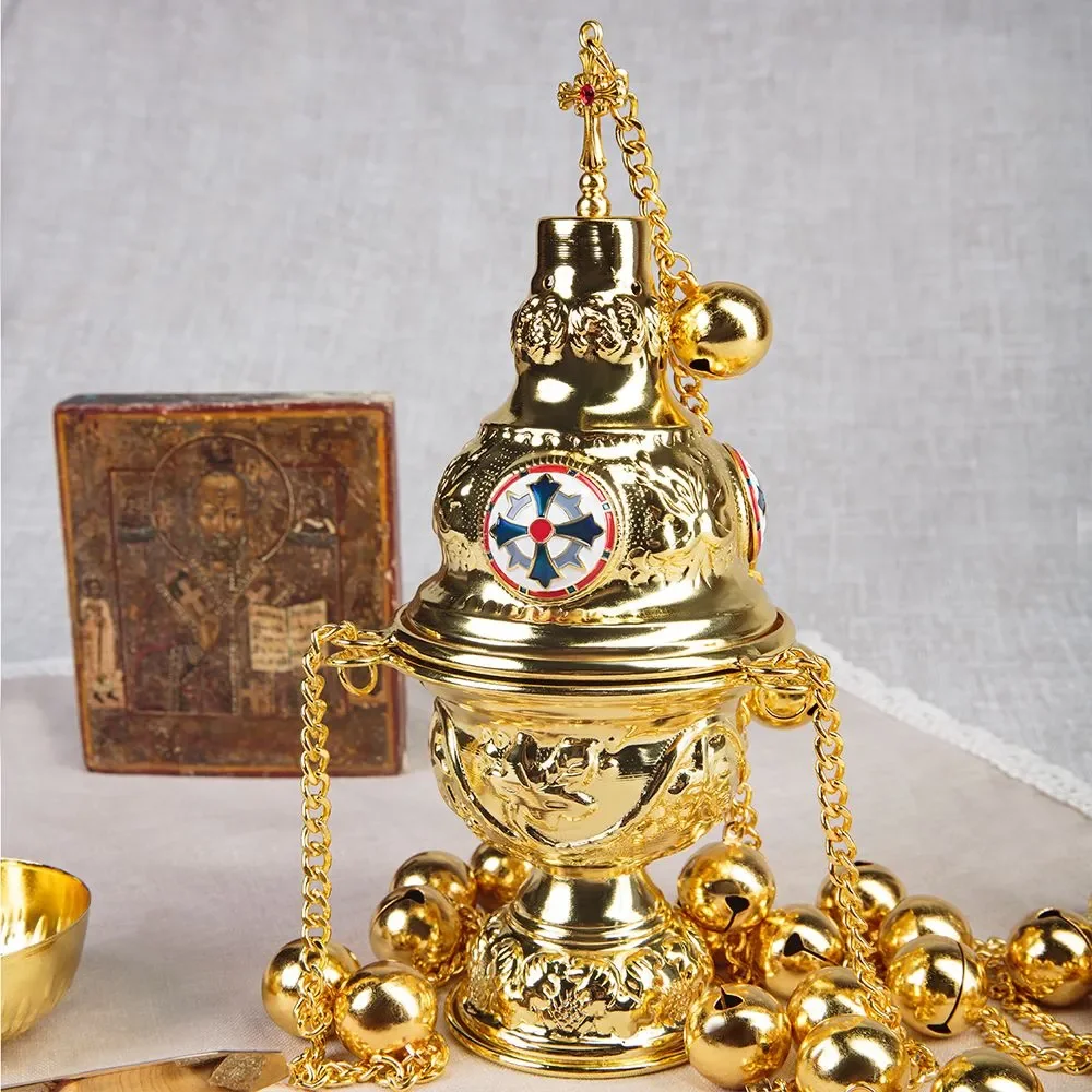 Church Supplier Gold Plated Charcoal Oil Orthodox Incense Burner with Handle Frankincense Burner for Home Church