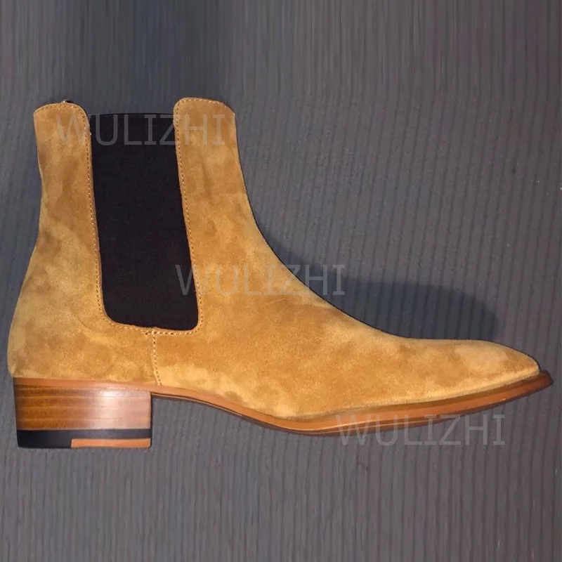 Botas masculinas de camurça marrom estiramento de couro preto casual tornozelo bezerro botas meninos legal dedo do pé redondo conciso desportivo cinza retalhos sapatos