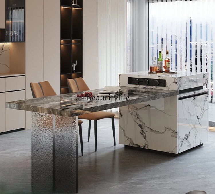 

04*Light luxury high-end island dining table integrated retractable household luxury stone guide table open kitchen
