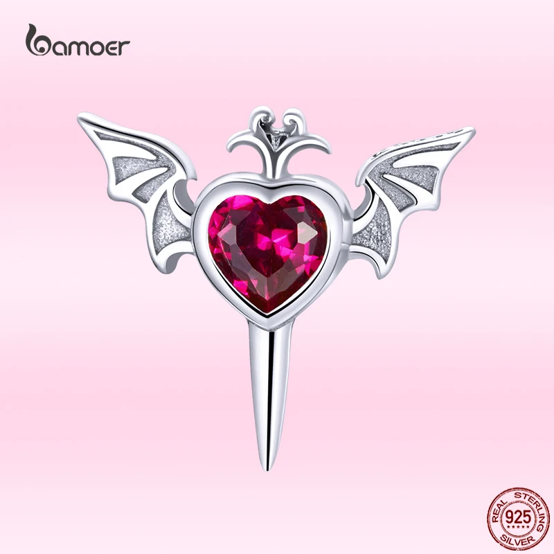 Bamoer 925 Sterling Silver Mono-Ear Stud Punk Goth Bat Wings with Red Heart CZ Earring for Women Fashion Jewelry Gift 1 Piece